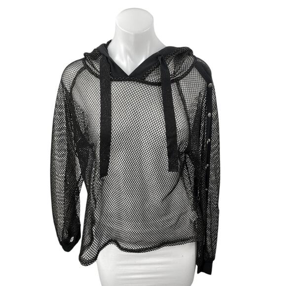 Love J Women's Black Fish Net Snap Button Long Sleeve Sheer Hoodie Cover Up Sz L - Picture 1 of 5